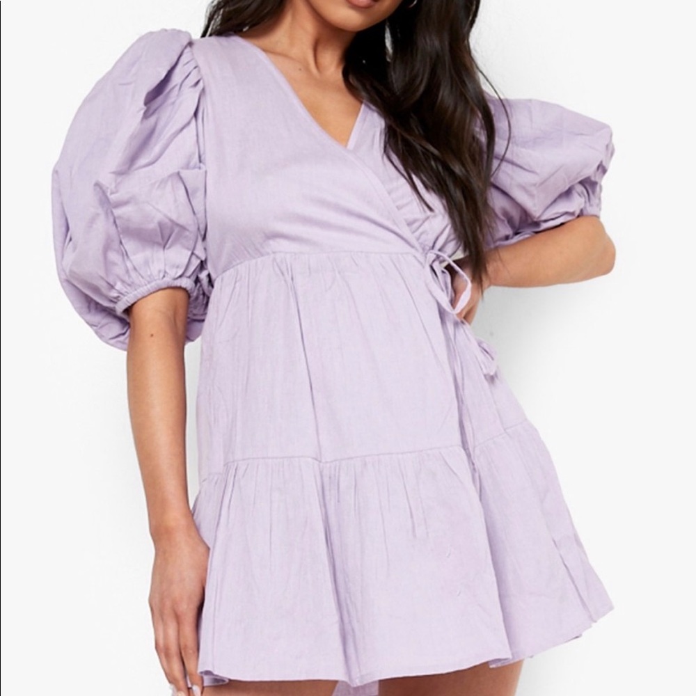 NWT Boohoo Petite Puff Sleeve Lavender Linen Wrap Mini Dress, Size 6P
